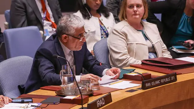 epa12187781 Ambassador Amir Saeid Iravani, Permanent Representative of Iran to the United Nations, (L) speaks during a Security Council meeting addressing the ongoing conflict between Iran and Israel, at the United Nations (UN) headquarters in New York, USA, 20 June 2025. EPA/SARAH YENESEL
