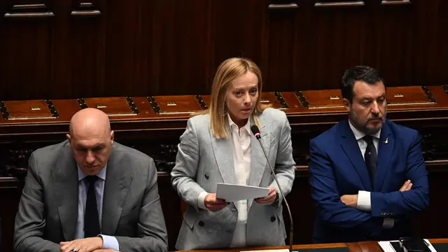 La presidente del Consiglio dei Ministri, Giorgia Meloni, nel corso delle comunicazioni ai deputati in vista della riunione del Consiglio europeo del 26 e 27 giugno, Roma 23 giugno 2025. ANSA/MAURIZIO BRAMBATTI