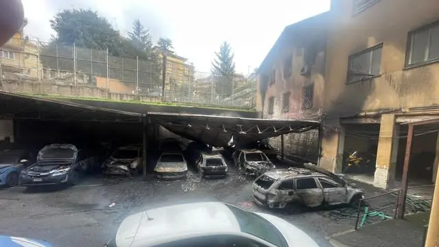 Rogo di auto della Polizia divampato nella notte nel Commissariato di Albano, vicino Roma, 24 febbraio 2025. ANSA NPK