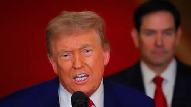 epa12190323 US President Donald Trump with US Secretary of State Marco Rubio (R) delivers an address to the nation at the White House in Washington, DC, USA, 21 June 2025, following US strikes on Iran's nuclear facilities. EPA/Carlos Barria / POOL