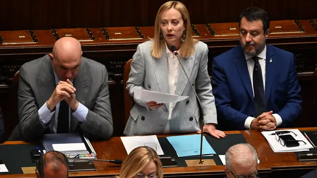 La presidente del Consiglio dei Ministri, Giorgia Meloni, nel corso delle comunicazioni ai deputati in vista della riunione del Consiglio europeo del 26 e 27 giugno, Roma 23 giugno 2025. ANSA/MAURIZIO BRAMBATTI