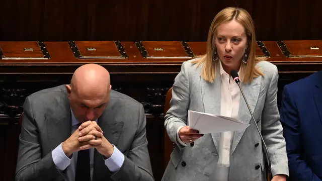 La presidente del Consiglio dei Ministri, Giorgia Meloni, nel corso delle comunicazioni ai deputati in vista della riunione del Consiglio europeo del 26 e 27 giugno, Roma 23 giugno 2025. ANSA/MAURIZIO BRAMBATTI