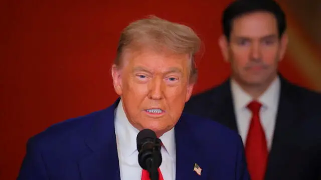 epa12190314 US President Donald Trump delivers an address to the nation at the White House in Washington, DC, USA, 21 June 2025, following US strikes on Iran's nuclear facilities. US Secretary of State Marco Rubio (R) is seen. EPA/Carlos Barria / POOL