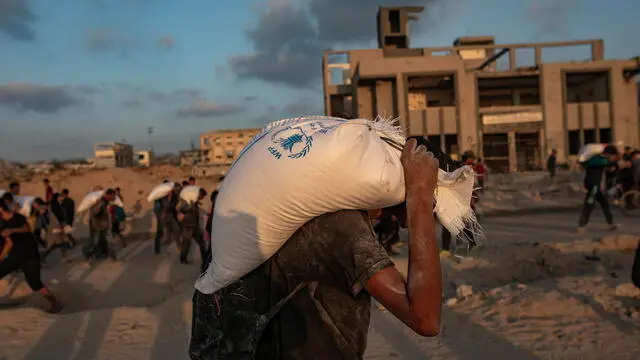 epa12181898 Displaced Palestinians carry bags of flour along Rashid Street in western Jabalia, 17 June, 2025, after humanitarian aid trucks entered the northern Gaza Strip through the Israeli-controlled Zikim crossing, northwest of Gaza City. EPA/HAITHAM IMAD