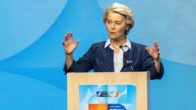 epa12194784 European Commission President Ursula von der Leyen speaks at the start of a plenary session of the NATO Summit Defence Industry Forum in The Hague, The Netherlands, 24 June 2025. The Netherlands hosts the NATO Summit in The Hague on 24 and 25 June, the first such summit to be held in the country. EPA/JONAS ROOSENS