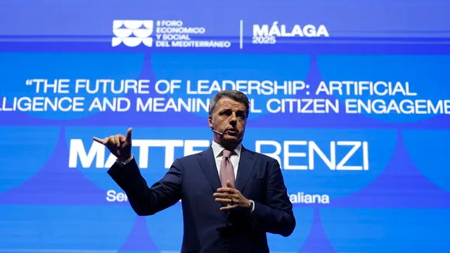 epa12180960 Italian senator Matteo Renzi delivers the speech 'The Future of Leadership: Artificial Intelligence and Meaningful Citizen Engagement' in the framework of the Mediterranean Economic and Social Forum in Malaga, southern Spain, 17 June 2025. The forum takes place on 17 and 18 June 2025. EPA/Jorge Zapata