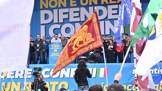 Leader of the League, Matteo Salvini, during traditional Lega party rally in Pontida (Bergamo), 6 October 2024. ANSA/MICHELE MARAVIGLIA