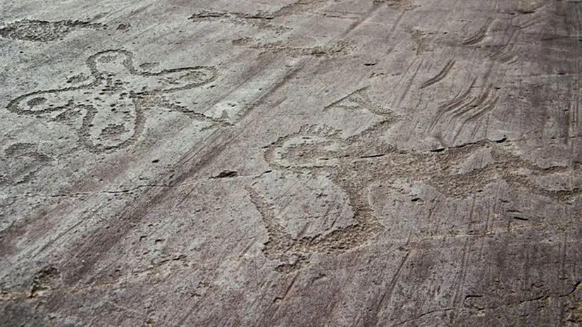 Incisioni rupestri in Valcamonica, a sinistra la rosa camuna