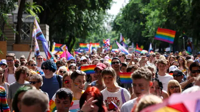 epa11431091 Participants march during the 29th Budapest Pride parade, in Budapest, Hungary, 22 June 2024. EPA/Robert Hegedus HUNGARY OUT