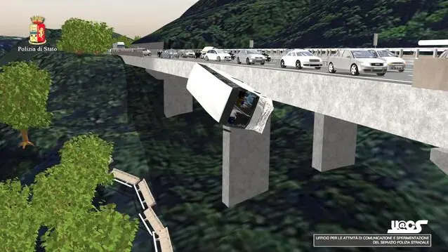 Un frame tratto dal video realizzato al computer dalla Polizia stradale con l'ausilio di immagini vere dell'incidente avvenuto il 28 luglio del 2012, sul viadotto Acqualonga dell'A16 Napoli-Canosa, nel quale persero la vita 40 persone, di ritorno da una gita turistica a Pietrelcina (Benevento). Roma, 28 luglio 2016. ANSA/ US POLIZIA STRADALE +++ NO SALES - EDITORIAL USE ONLY +++