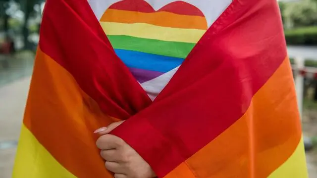 epa06871924 A participant wraped in a rainbow-coloured flag participates in the Budapest Pride march of the LGBT community in Budapest, Hungary, 07 July 2018. EPA/ZOLTAN BALOGH HUNGARY OUT