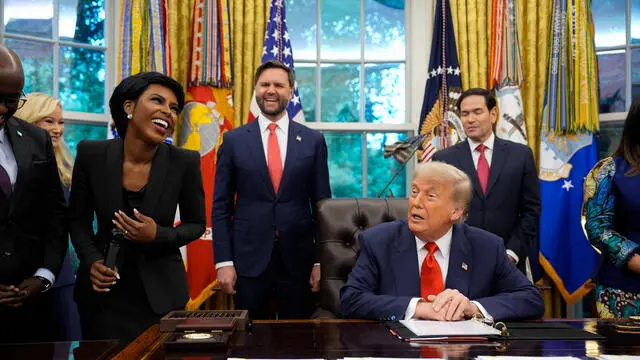 epa12201986 US President Donald Trump speaks during a meeting with Democratic Republic of the Congo Foreign Minister Therese Kayikwamba Wagner (partially pictured-R) and Rwandan Foreign Minister Olivier Nduhungirehe (partially pictured-L) in the Oval Office of the White House in Washington, DC, USA, on 27 June 2025. Also in the meeting, US Vice President JD Vance (C) and US Secretary of State Marco Rubio (2-R). Rwanda and the Democratic Republic of Congo will sign an agreement in Washington, on 27 June to put an end to a conflict in the eastern DRC that has killed thousands. EPA/YURI GRIPAS / POOL