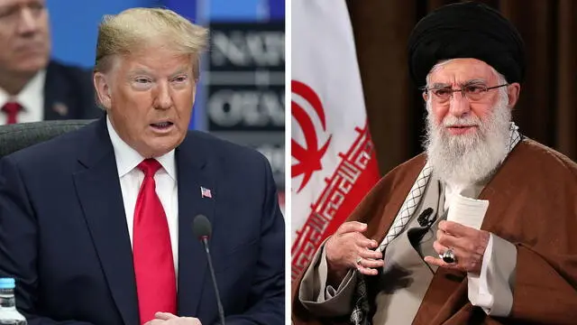 epa08515958 A composite image shows US President Donald J. Trump (L) during a NATO Summit in London, Britain, 04 December 2019 and Iranian Supreme Leader Ali Khamenei (R) addressing the nation during a live TV speech, in Tehran, Iran, 22 March 2020 (issued 29 June 2020). Iran on 29 June 2020 issued an arrest warrant against US President Trump and others as measure for the targeted killing of Iranian General Soleimani and others in a US drone strike near Baghdad International Airport in January 2020. Iran also requested a so-called 'Red Notice' from Interpol to have Trump face 'murder and terrorism charges', Tehran prosecutor Ali Alqasimehr is quoted. EPA/WILL OLIVER/IRAN'S SUPREME LEADER OFFICE