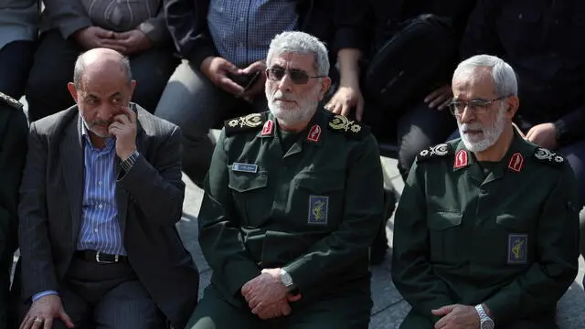 epa11659974 Head of Iranian Quds forces General Esmail Qaani (C) attends the funeral ceremony of former Islamic Revolutionary Guard Corps (IRGC) Brigadier General Abbas Nilforoushan in Tehran, Iran, 15 October 2024. Nilforoushan was killed in an Israeli airstrike on 27 September in the southern suburb of Beirut (Dahiyeh), along with Lebanonâ€™s Hezbollah leader Hassan Nasrallah, the IRGC said in a statement. Nilforoushan will be buried in his hometown of Isfahan, Iran, on 17 October. EPA/ABEDIN TAHERKENAREH