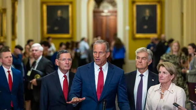 epa12181972 Senate Majority Leader John Thune, with Majority Whip John Barrasso (L), Administrator of the Centers for Medicare & Medicaid Services Dr Mehmet Oz (2-R) and Republican Policy Committee Chair Shelly Moore Capito (R), delivers remarks at a press conference in the US Capitol in Washington, DC, USA 17 June 2025.Senate Republicans continue to work on their version of President Trump's budget package known as his Big Beautiful Bill. EPA/SHAWN THEW