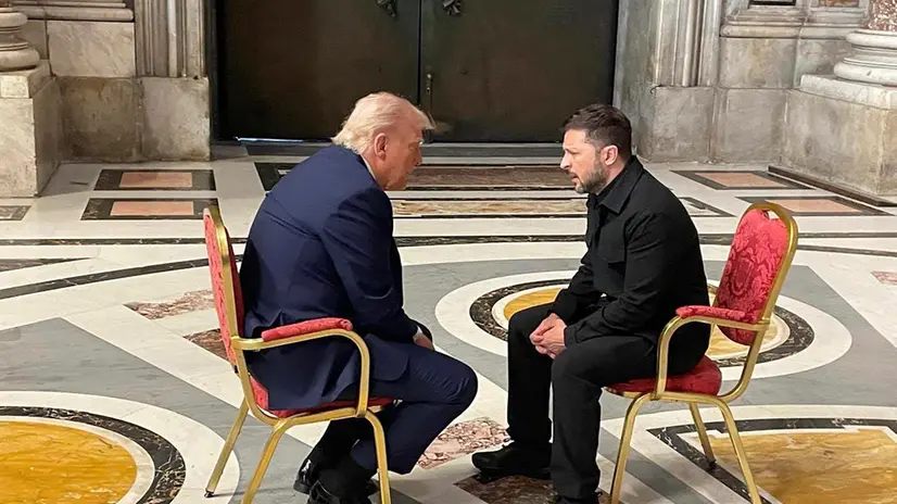 epa12057132 A handout picture made available by the Ukraine Foreign Affair Ministry shows Ukrainian President Volodymyr Zelensky (R) meets with the US President Donald Trump (L) as they attend the funeral Mass of Pope Francis in Saint Peter's Square in Vatican City, 26 April 2025. Pope Francis passed away on Easter Monday, 21 April 2025, at the age of 88. EPA/FOREIGN AFFAIR MINISTR HANDOUT HANDOUT HANDOUT EDITORIAL USE ONLY/NO SALES