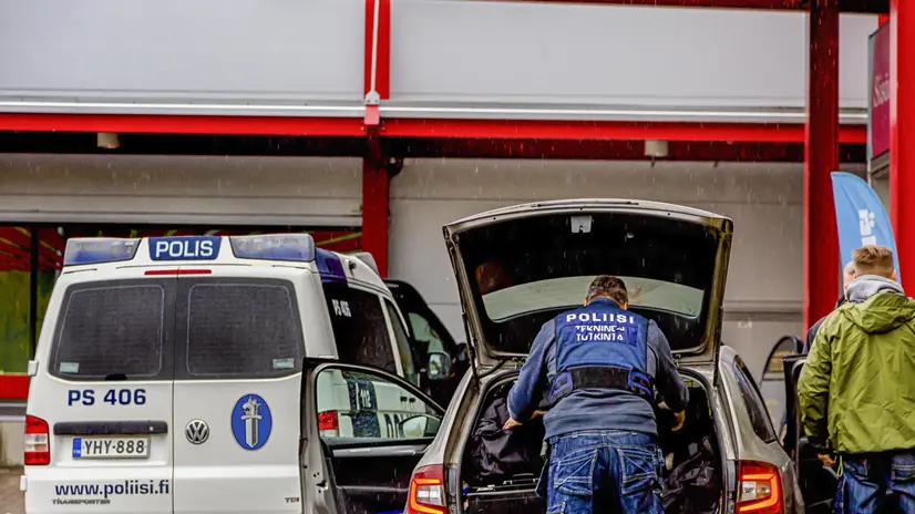 epa07885947 Police investigators outside the Herman Mall in Kuopio, Finland, 01 October 2019. According to police reports, one person was killed and and ten people were wounded, including a police officer, in a stabbing spree inside the Mall on the premises of Savo Vocational College in Kuopio. EPA/ANNUKKA ROTH