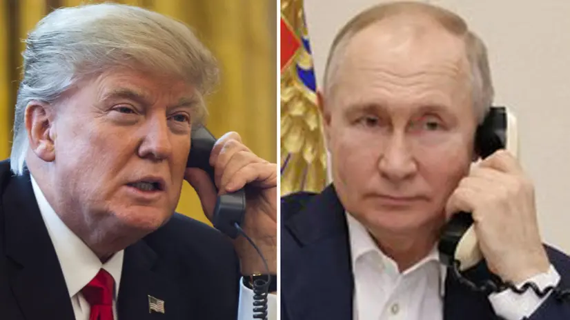 In una combo il presidente americano Donald J. Trump parla al telefono con il presidente russo Vladimir Putin. ANSA/JIM LO SCALZO- MIKHAEL KLIMENTYEV / SPUTNIK / KREMLIN POOL MANDATORY CREDIT MIKHAEL KLIMENTYEV / SPUTNIK / K / POOL SPUTNIK
