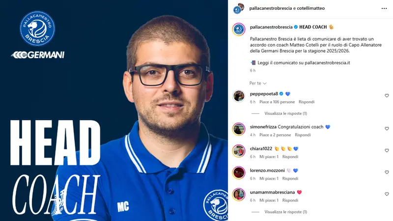 L'annuncio di Cotelli - Foto dal profilo Instagram della @pallacanestrobrescia