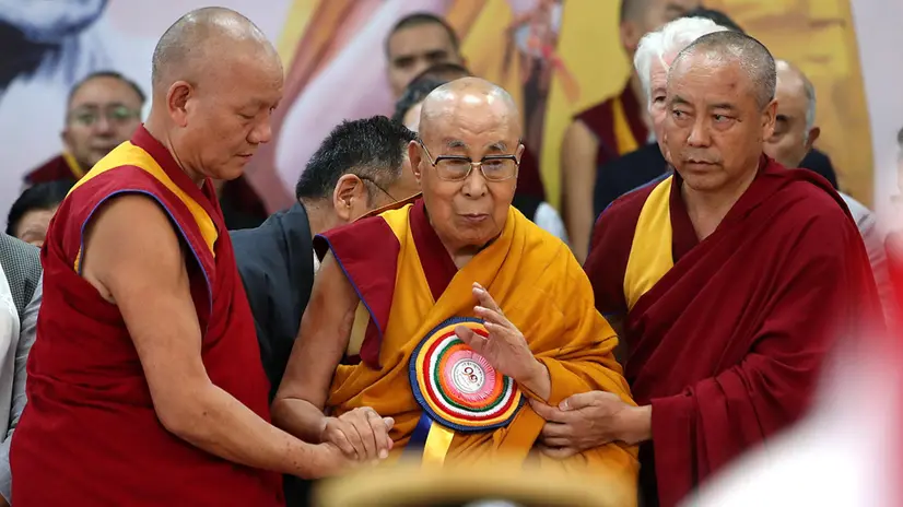 epa12219573 Tibetan Buddhism spiritual leader the Dalai Lama (C) attends his 90th birthday celebrations at Tibetans' main temple of Tsuglagkhang at McLeod Ganj, near Dharamsala, India, 06 July 2025. EPA/HARISH TYAGI