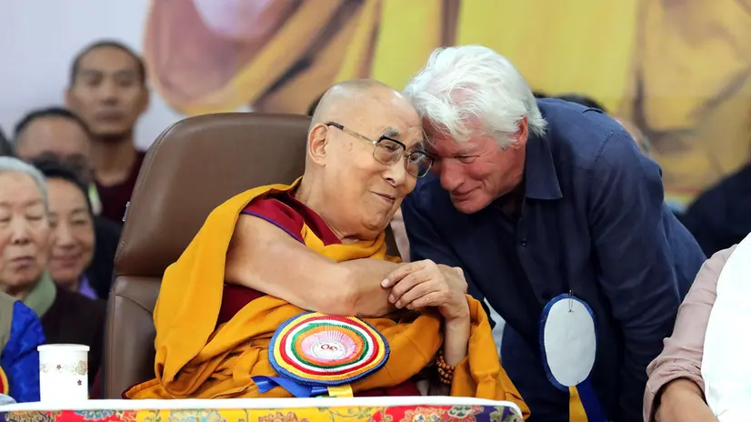 epa12219490 Tibetan Buddhism spiritual leader the Dalai Lama (L) with US actor Richard Gere during the spiritual leader's 90th birthday celebrations at Tibetans' main temple of Tsuglagkhang at McLeod Ganj, near Dharamsala, India, 06 July 2025. EPA/HARISH TYAGI
