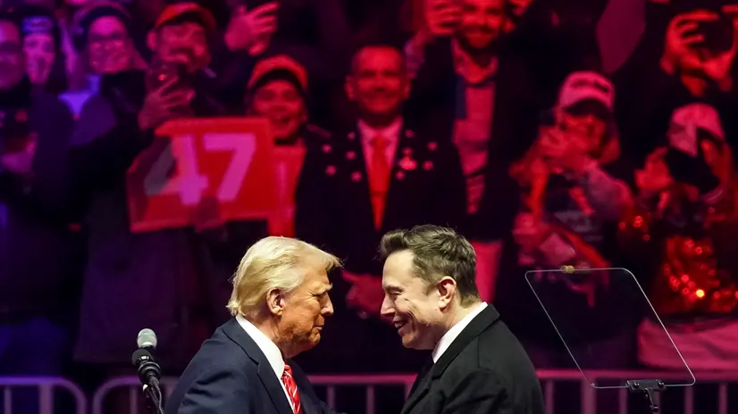 epa11837518 US President-elect Donald Trump (L) with businessman Elon Musk (R) on stage during a rally at Capital One Arena in Washington, DC, USA, 19 January 2025. President-elect Donald Trump, who defeated Joe Biden to become the 47th president of the United States, will be inaugurated on 20 January, though all of the planned outdoor ceremonies and events have been cancelled due to a forecast of extreme cold temperatures. EPA/WILL OLIVER