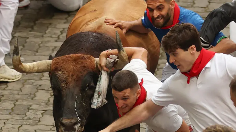 epa12221639 Mozos or runners take part in the first running of the bulls of the Sanfermines festival in Pamplona, Spain, 07 July 2025. The San Fermin festival runs until 14 July 2025. EPA/J.P.URDIROZ