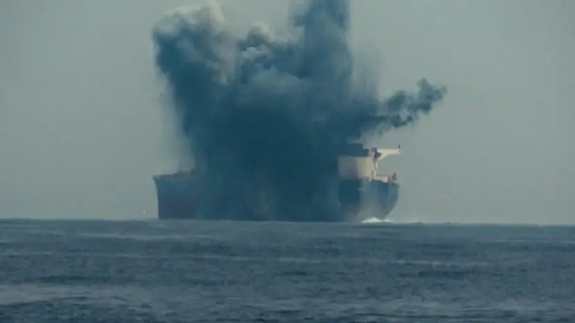 epa11640342 A handout screenshot of footage made available on 03 October 2024 by the Houthis media center shows flames and smoke rising from an explosion at the British oil ship Cordelia Moon after an attack by an unmanned Houthi exploding boat in the Red Sea, 01 October 2024. Yemen's Houthis launched on 01 October 2024 an unmanned exploding boat attack against the British oil ship Cordelia Moon in the Red Sea, according to a statement by Houthi military spokesman Yahya Sarea. EPA/HOUTHIS MEDIA CENTER / HANDOUT HANDOUT HANDOUT EDITORIAL USE ONLY/NO SALES