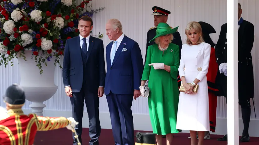 epa12224324 (L-R) French President Emmanuel Macron, Britain's King Charles III, Queen Camilla and Brigitte Macron attend a welcome ceremony in Windsor, Britain, 08 July 2025. French President Macron and his wife Brigitte are on a three-day state visit to Britain. EPA/ANDY RAIN