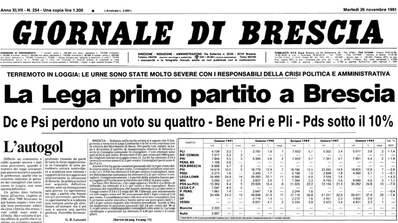 La prima pagina del GdB del 26 novembre 1991 © www.giornaledibrescia.it