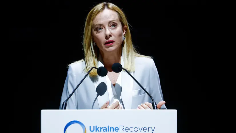 Il presidente del Consiglio Giorgia Meloni durante la Conferenza Ucraina sulla ripresa URC 2025 (Ukraine Recovery Conference), presso il Convention Center La Nuvola, Roma, 10 luglio 2025. ANSA/ANGELO CARCONI