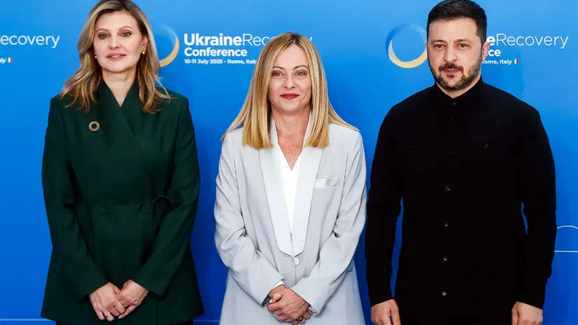 Italian Prime Minister Giorgia Meloni with Ukrainian President Volodymyr Zelensky and Ukrainian First Lady Olena Zelenska during the meeting Ukraine Recovery Conference URC 2025, in Rome, Italy, 10 July 2025. ANSA/ANGELO CARCONI