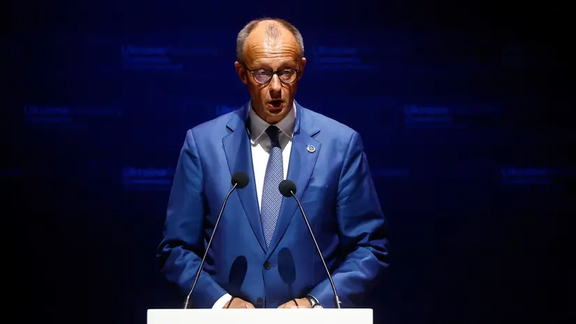 epa12228865 German Chancellor Friedrich Merz speaks during the Ukraine Recovery Conference (URC) in Rome, Italy, 10 July 2025. EPA/VINCENZO LIVIERI