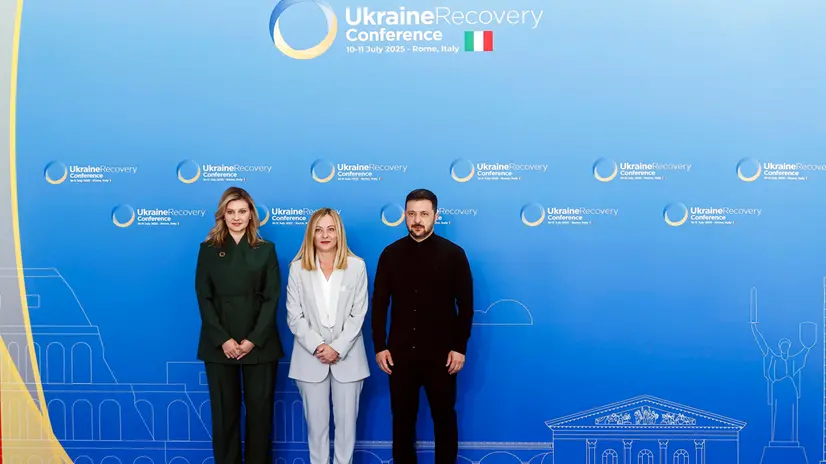 Italian Prime Minister Giorgia Meloni with Ukrainian President Volodymyr Zelensky and Ukrainian First Lady Olena Zelenska during the meeting Ukraine Recovery Conference URC 2025, in Rome, Italy, 10 July 2025. ANSA/ANGELO CARCONI