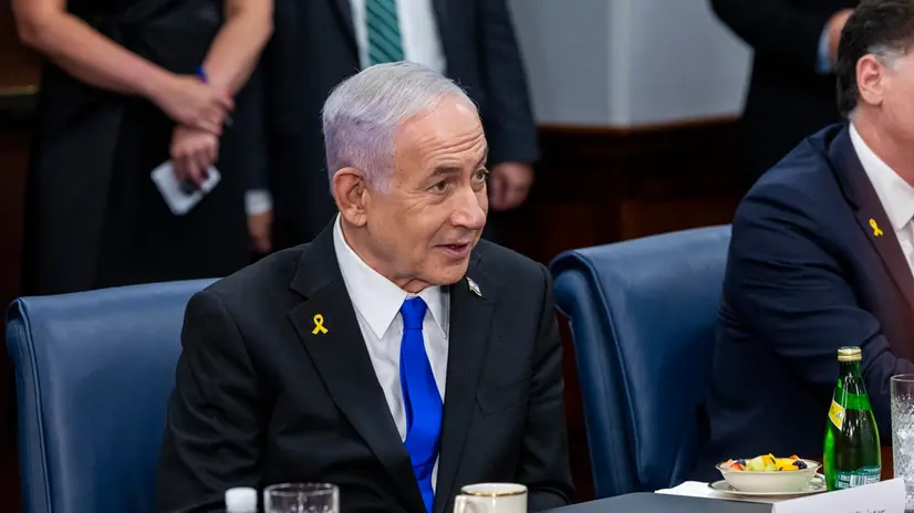 epa12227279 Israeli Prime Minister Benjamin Netanyahu delivers remarks during a meeting with US Secretary of Defense Pete Hegseth(not pictured) at the Pentagon in Arlington, Virginia, USA, 09 July 2025. EPA/SHAWN THEW