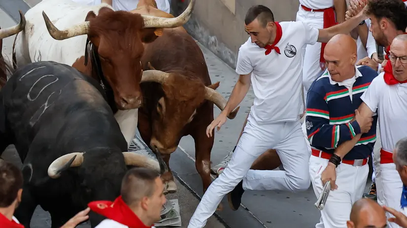 epa12230932 Runners or 'mozos' take part in the fifth running of the bulls of the San Fermin festival in Pamplona, Spain, 11 July 2025. The Sanfermines festival runs until 14 July. EPA/Villar Lopez