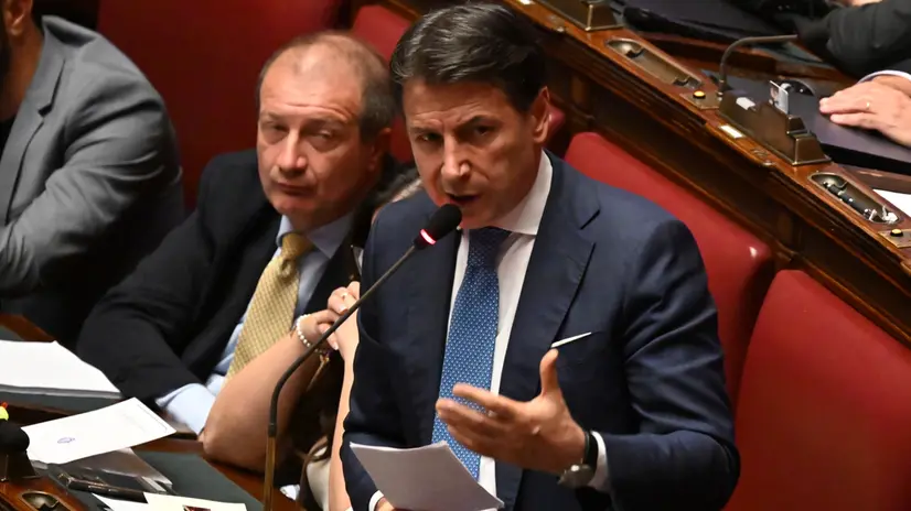 La dichiarazione di voto di Giuseppe Conte, alla replica della presidente del Consiglio dei Ministri, Giorgia Meloni, alle sue comunicazioni ai deputati in vista della riunione del Consiglio europeo del 26 e 27 giugno, Roma 23 giugno 2025. ANSA/MAURIZIO BRAMBATTI