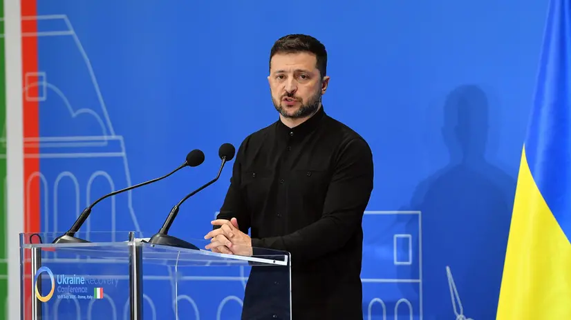 epa12229995 President of Ukraine Volodymyr Zelensky delivers a speech during an Ukraine Recovery Conference 2025 at Convention Center La Nuvola, in Rome, Italy, 10 July 2025. EPA/FABIO CIMAGLIA