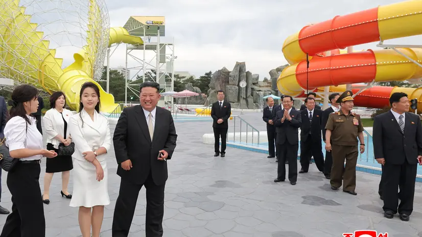 epa12197958 A photo released by the official North Korean Central News Agency (KCNA) shows North Korean leader Kim Jong Un (4-L) and his daughter Kim Ju Ae (3-L) during a ceremony marking the opening of the Wonsan Kalma Coastal Tourist Zone in Wonsan, North Korea, 24 June 2025 (issued 26 June 2025). According to KCNA, the tourist zone features hotels and hostels with accommodations for nearly 20,000 guests, both domestic and international, as well as sea-bathing facilities, and various sports and recreation amenities. EPA/KCNA EDITORIAL USE ONLY