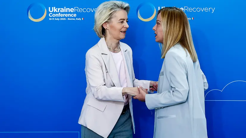 Italian Prime Minister Giorgia Meloni welcomes EU Commission President Ursula von der Leyen during the meeting Ukraine Recovery Conference URC 2025, in Rome, Italy, 10 July 2025. ANSA/ANGELO CARCONI
