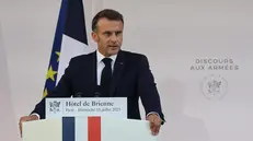 epa12236067 French President Emmanuel Macron delivers a speech to army leaders on the eve of the annual Bastille Day Parade, at the l’Hotel de Brienne in Paris, France, 13 July 2025. EPA/LUDOVIC MARIN / POOL MAXPPP OUT