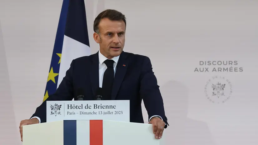 epa12236067 French President Emmanuel Macron delivers a speech to army leaders on the eve of the annual Bastille Day Parade, at the l’Hotel de Brienne in Paris, France, 13 July 2025. EPA/LUDOVIC MARIN / POOL MAXPPP OUT
