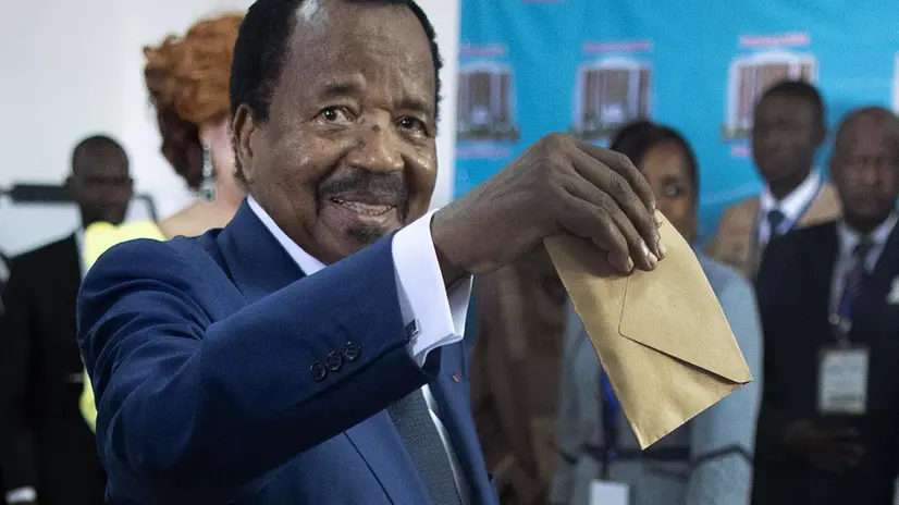 epa07076630 Cameroon President Paul Biya casts his ballot in the presidential elections at a polling station in the capital Yaounde, Cameroon, 07 October 2018. The incumbent President Paul Biya is Africa's oldest president who has been in power for 36 years. He faces eight candidates with 6.9 million registered voters. Relations between the government and marginalized anglophone separatists in the North West and South West of the country is a major issue threatening peace and stability in Cameroon. EPA/NIC BOTHMA