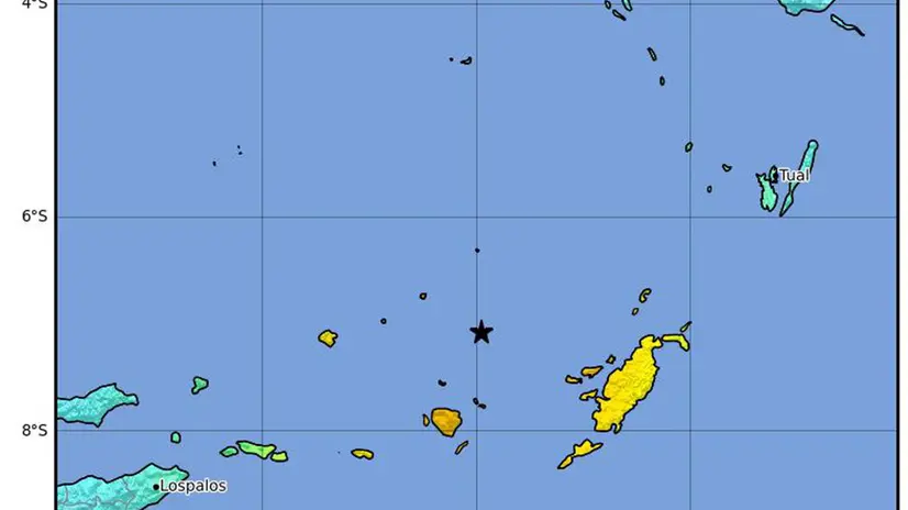 epa10397124 A handout shakemap made available by the United States Geological Survey (USGS) shows the location of a 7.6-magnitude earthquake in the Banda Sea, off the coast of Indonesia's Tanimbar Islands Region and East Timor, early 10 January 2023. According to Indonesia's Meteorology, Climatology, and Geophysical Agency (BMKG), the earthquake struck at 00:47:34 am Western Indonesia Time (WIB) (17:47:34 pm UTC) on 10 January, and was centered in the Banda Sea at a depth of 131km. EPA/USGS HANDOUT HANDOUT EDITORIAL USE ONLY/NO SALES