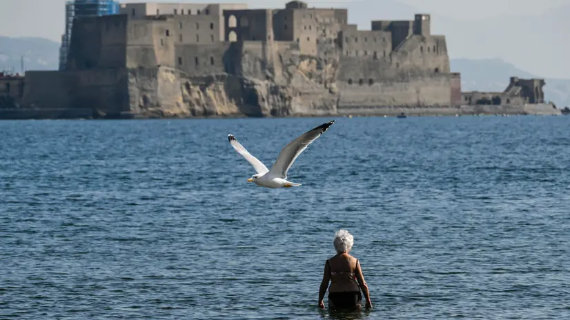 Tuffi e sdraio al sole all'arenile Diaz sul lungomare Caracciolo di Napoli per questo ponte di Ognissanti caratterizzato da giornate dalle temperature estive, 2 novembre 2024. ANSA / CIRO FUSCO