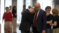 Roberto Saviano e l’avv. Antonio Nobile, all’interno della Corte di Appello per il processo Bidognetti. Roma, 14 luglio 2025 ANSA/MASSIMO PERCOSSI