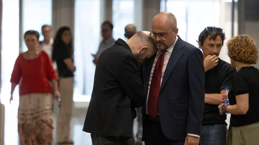 Roberto Saviano e l’avv. Antonio Nobile, all’interno della Corte di Appello per il processo Bidognetti. Roma, 14 luglio 2025 ANSA/MASSIMO PERCOSSI