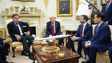 epa12237702 US President Donald Trump (2-L) meets with NATO Secretary General Mark Rutte (L), Vice President JD Vance (2-R) and United States Secretary of State Marco Rubio (R) in the Oval Office of the White House in Washington, DC, USA, 14 July 2025. EPA/YURI GRIPAS / POOL