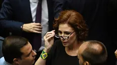 epa10442844 The elected deputy Carla Zambelli participates in the election ceremony for the heads of the respective chambers, at the National Congress, in Brasilia, Brazil, 01 February 2023. The Brazilian Parliament inaugurates on 01 February a new legislature, the first of the Government of Luiz Inacio Lula da Silva, and elects new authorities with a conservative composition that could hinder the plans of the progressive leader. EPA/Andre Borges