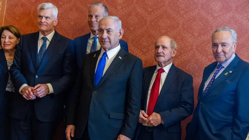 epa12227813 Israeli Prime Minister Benjamin Netanyahu (C) poses for a photo with bipartisan US Senate leadership, including Senate Majority Leader John Thune (3-L) and Senate Minority Leader Chuck Schumer (R) prior to a meeting in the US Capitol, in Washington, DC, USA 09 July 2025. EPA/SHAWN THEW